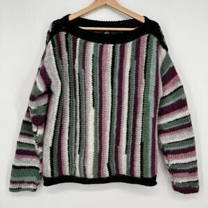 Hand Knit Wool Sweater Womens Large Chunky Colorful Stripe Boatneck Multicolored